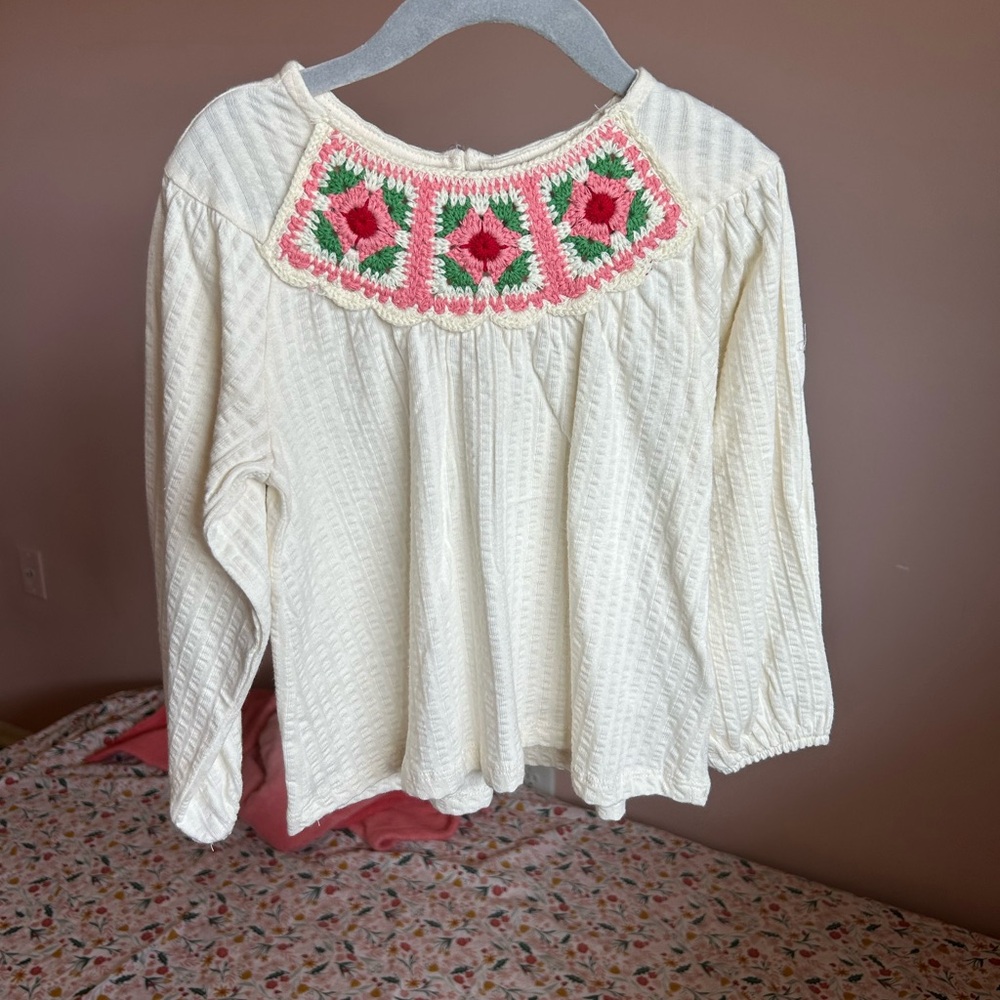 Zara Cream Blouse with Pink and Green Embroidery